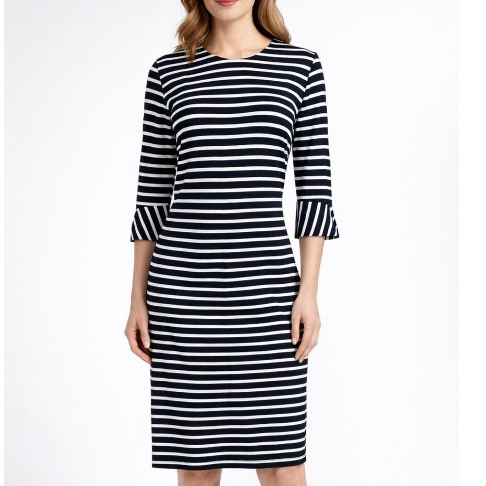 Banana Republic Striped Ponte Knit 3/4 Bell Sleeve Sz 8 Sheath Nautical Dress